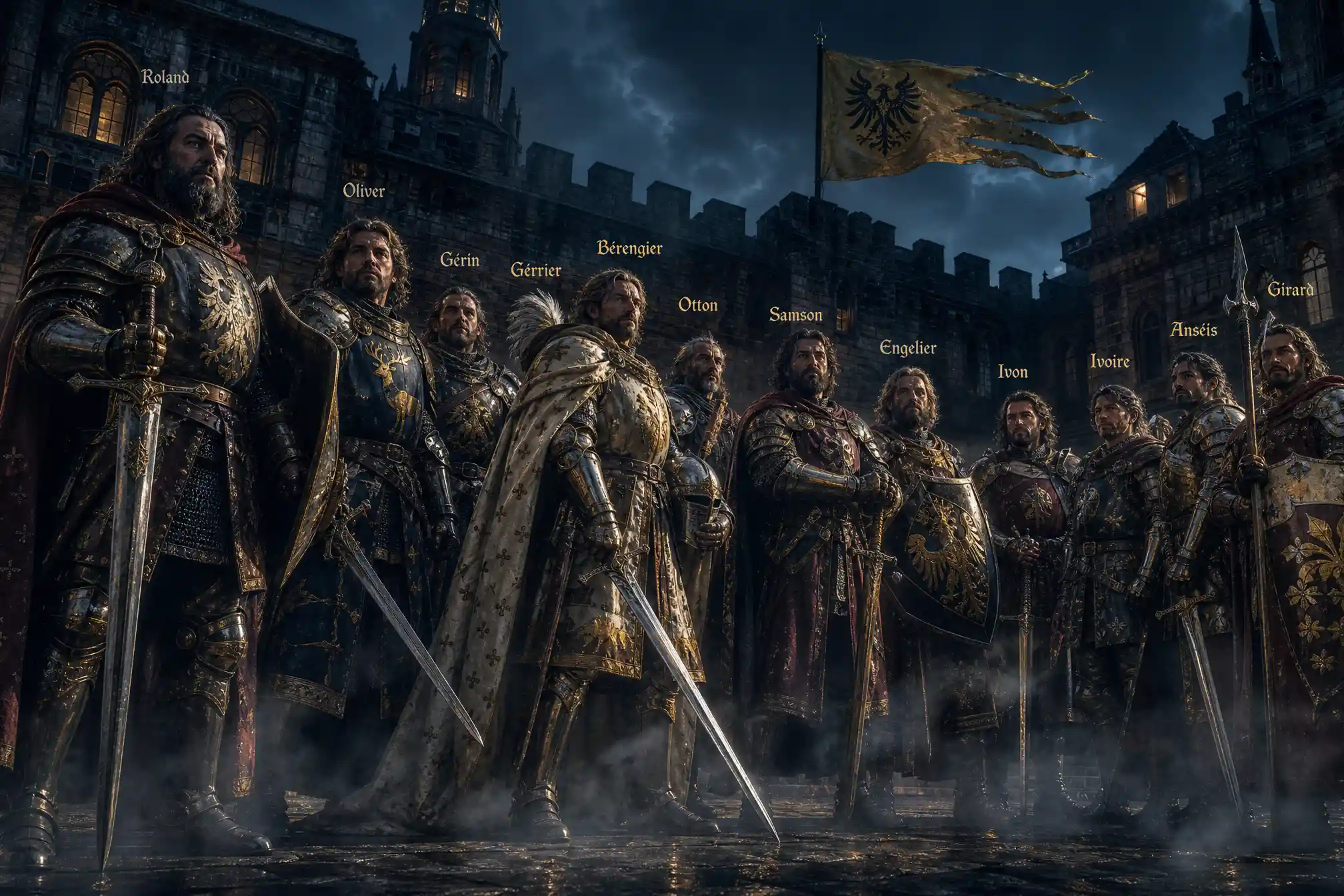 Heroic paladins in armor in a twilight castle courtyard