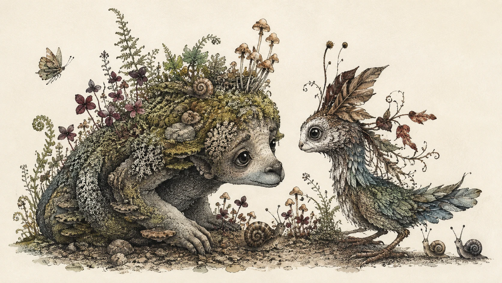 Creatura Fantastica Folcloristica in Illustrazione Botanica a Inchiostro