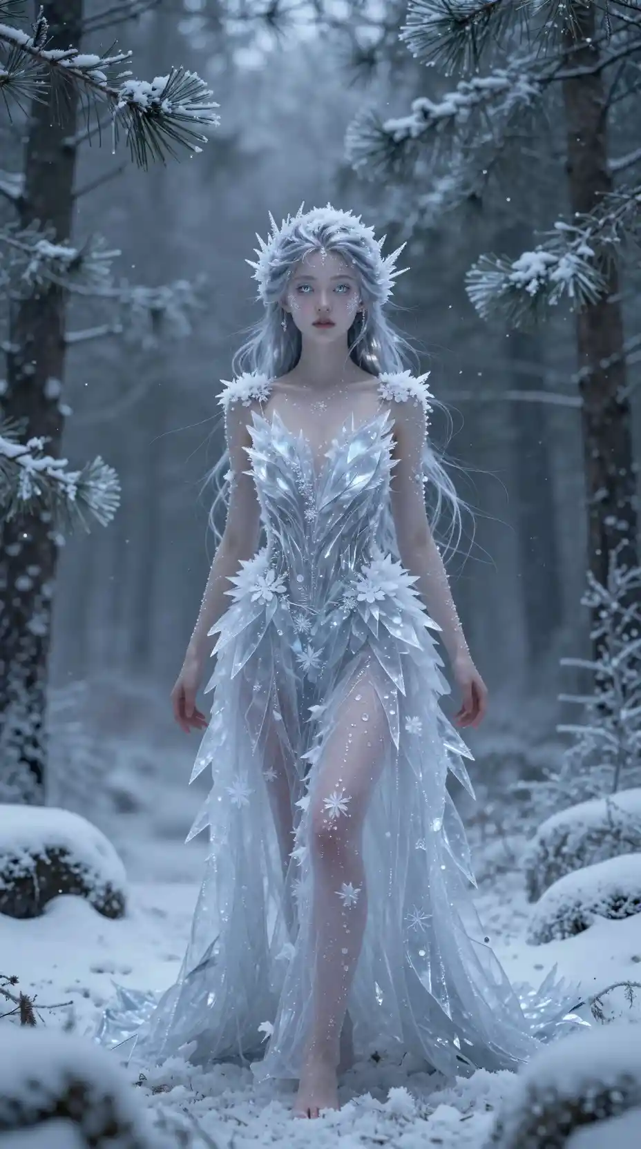 Hada invernal en un claro helado de bosque encantado