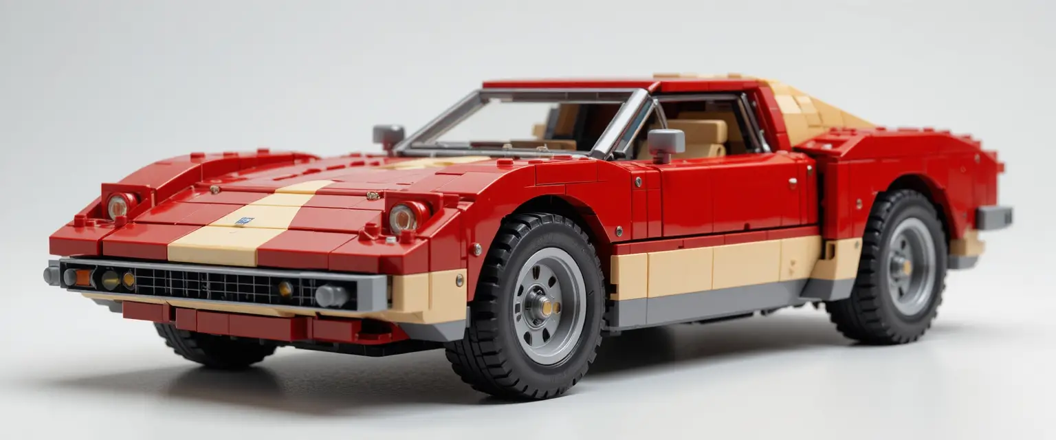 Spielzeugauto aus Legostein-ähnlichen Bausteinen vor sauberem Studiohintergrund