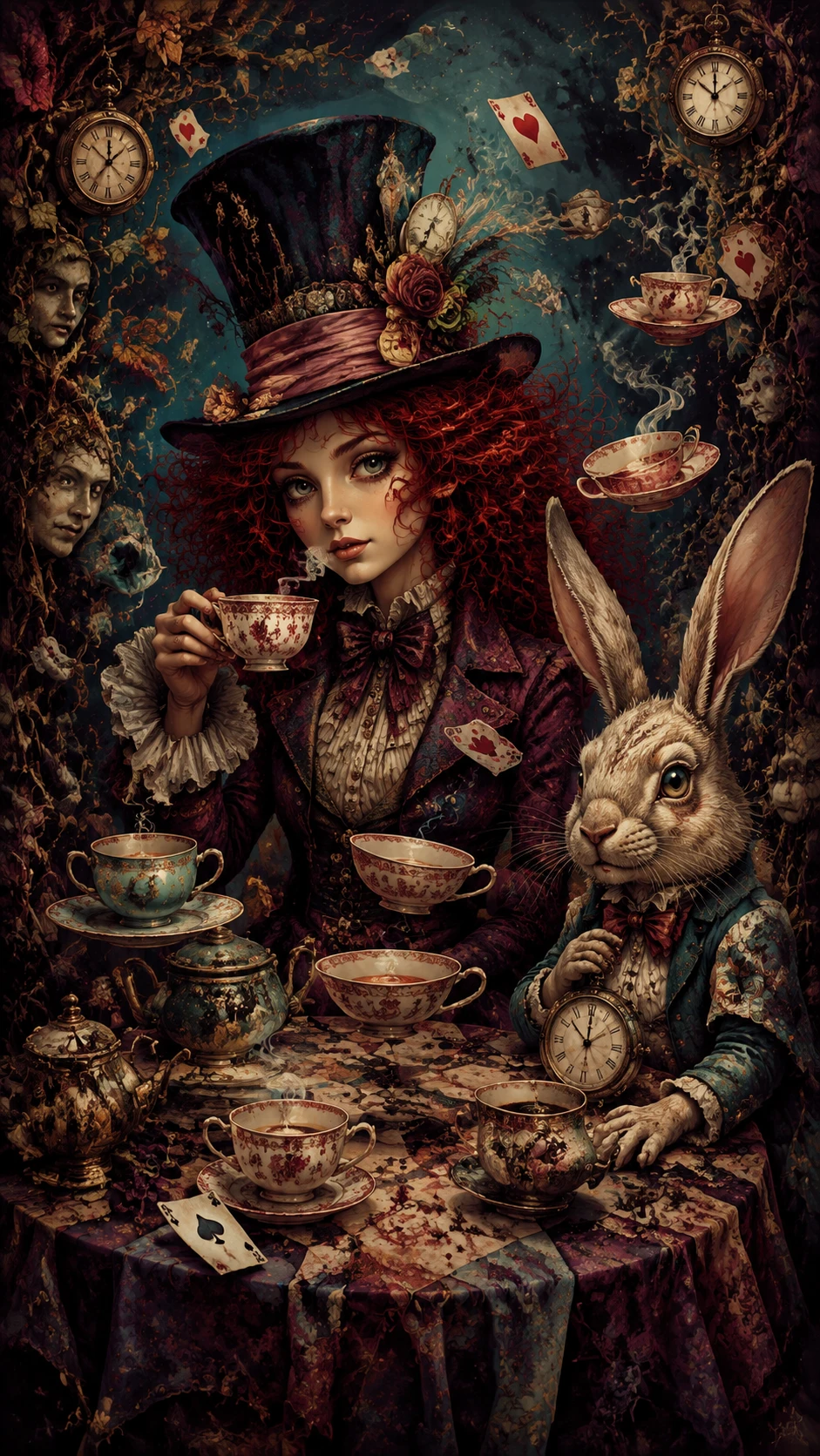 Eccentric woman at surreal midnight tea with rabbit