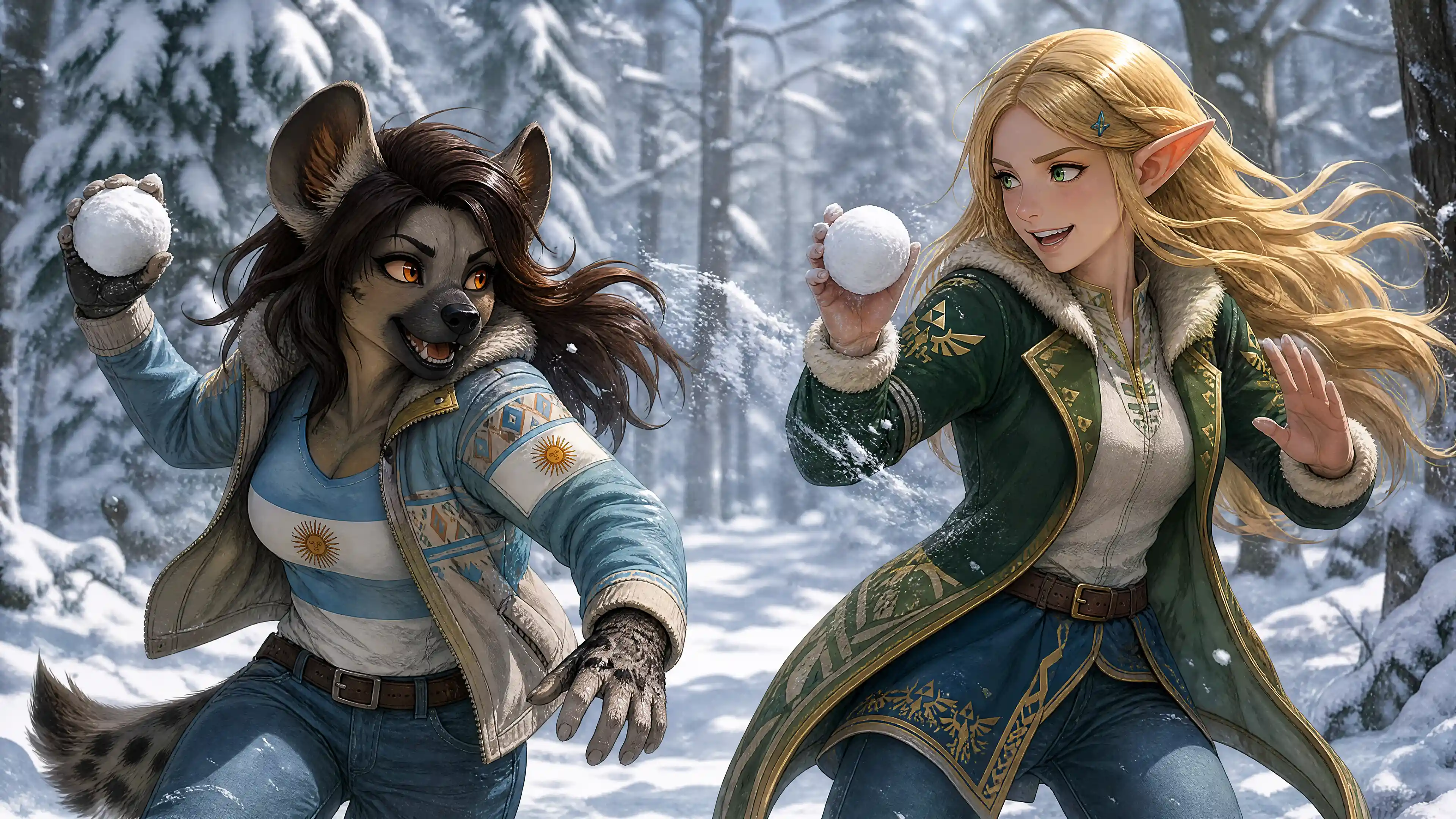 Anthro hyena and Hylian women playing in snowy forest
