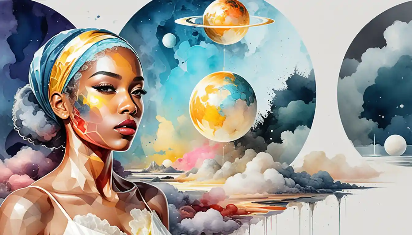 Retrato geométrico surreal de una mujer negra en un espacio espejado
