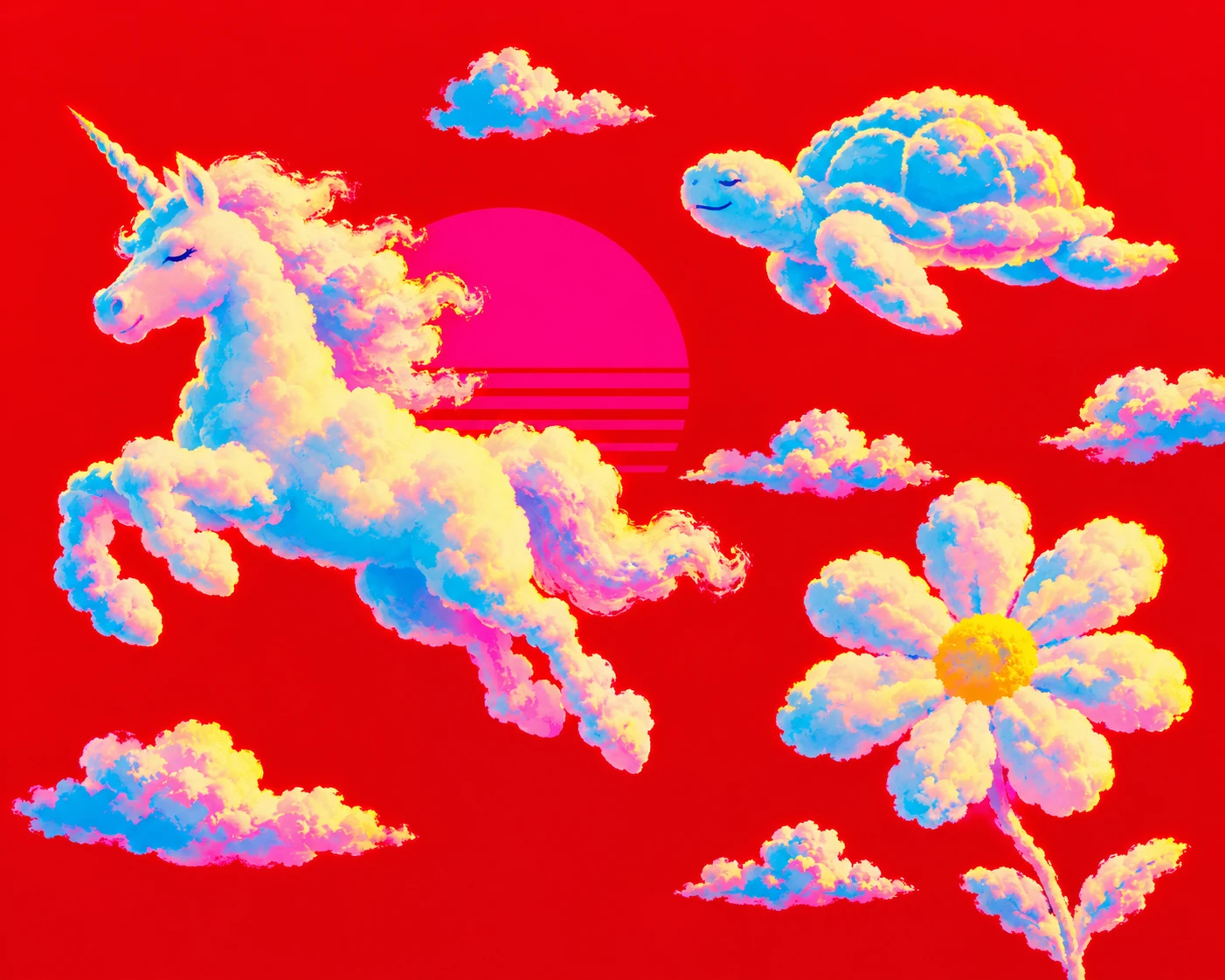 Anime cloud shapes against a bright red minimalist background