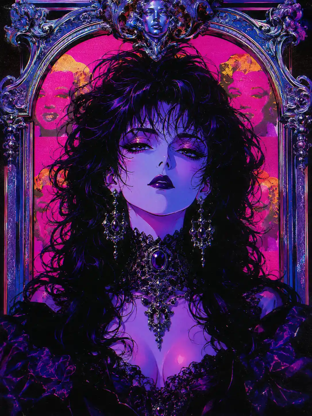 Portrait de diva gothique anime au style baroque néon métallique