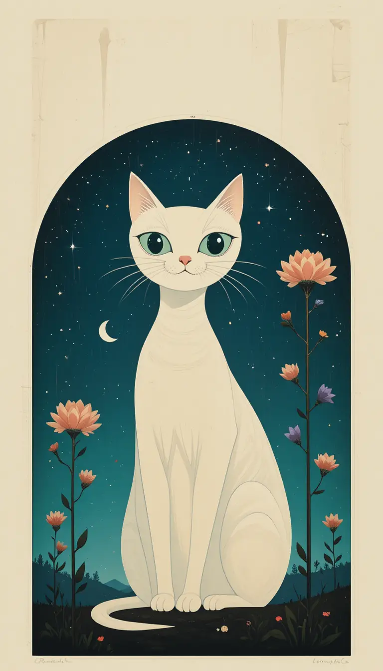 Minimal cat silhouette in a dreamy surreal night scene