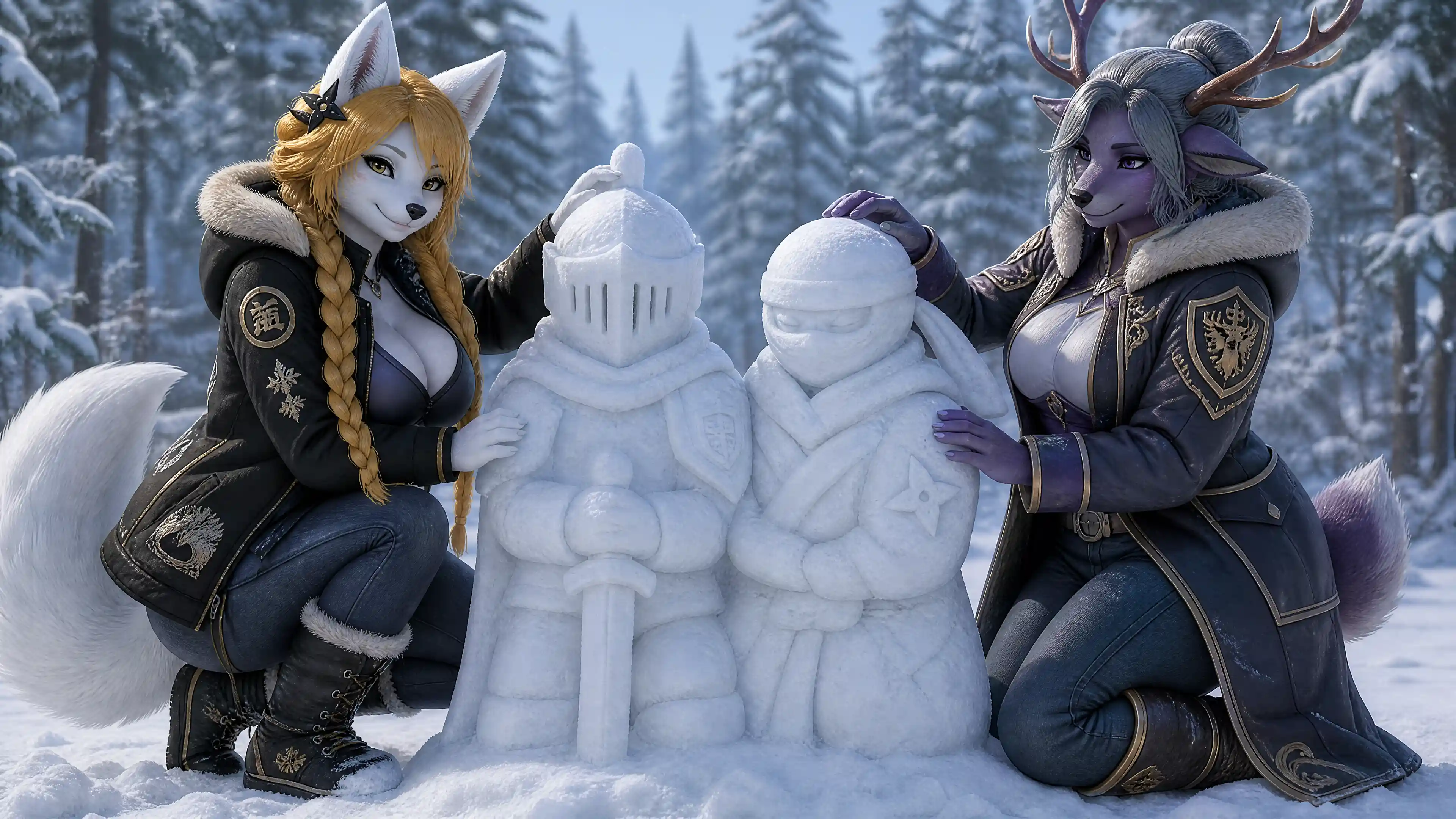 Anthro-Paar baut Schneestatuen im Winterwald