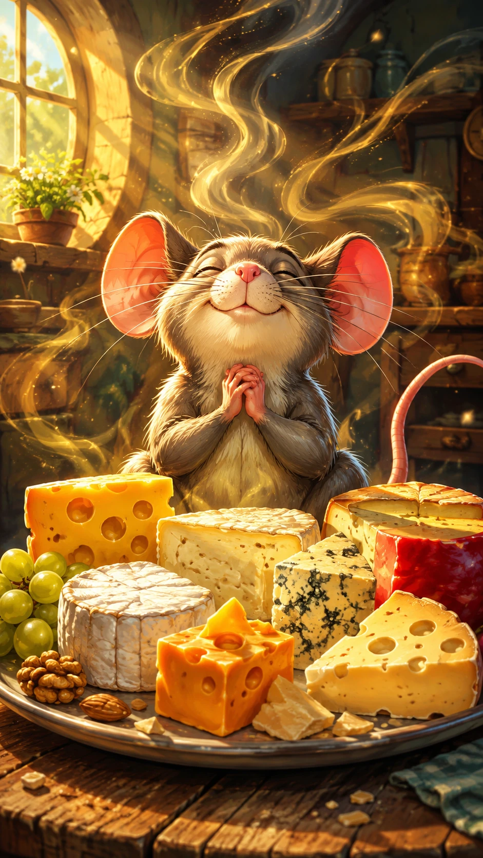 Rato alegre apreciando queijo aromático ao sol