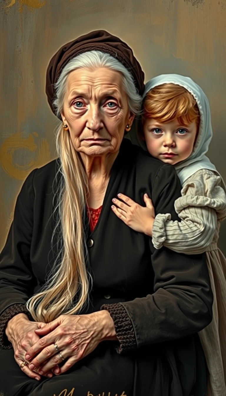 Elderly woman with white hair groomed by young girl