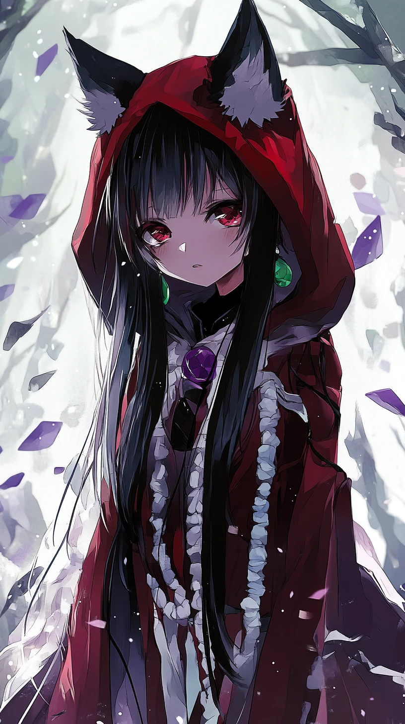 Anime girl in elaborate red hood and ruffled white skirt