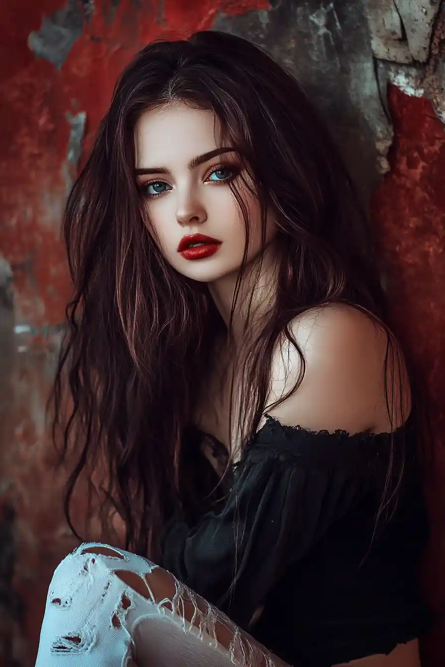 Ethereal fantasy woman in crimson gown with floral crown