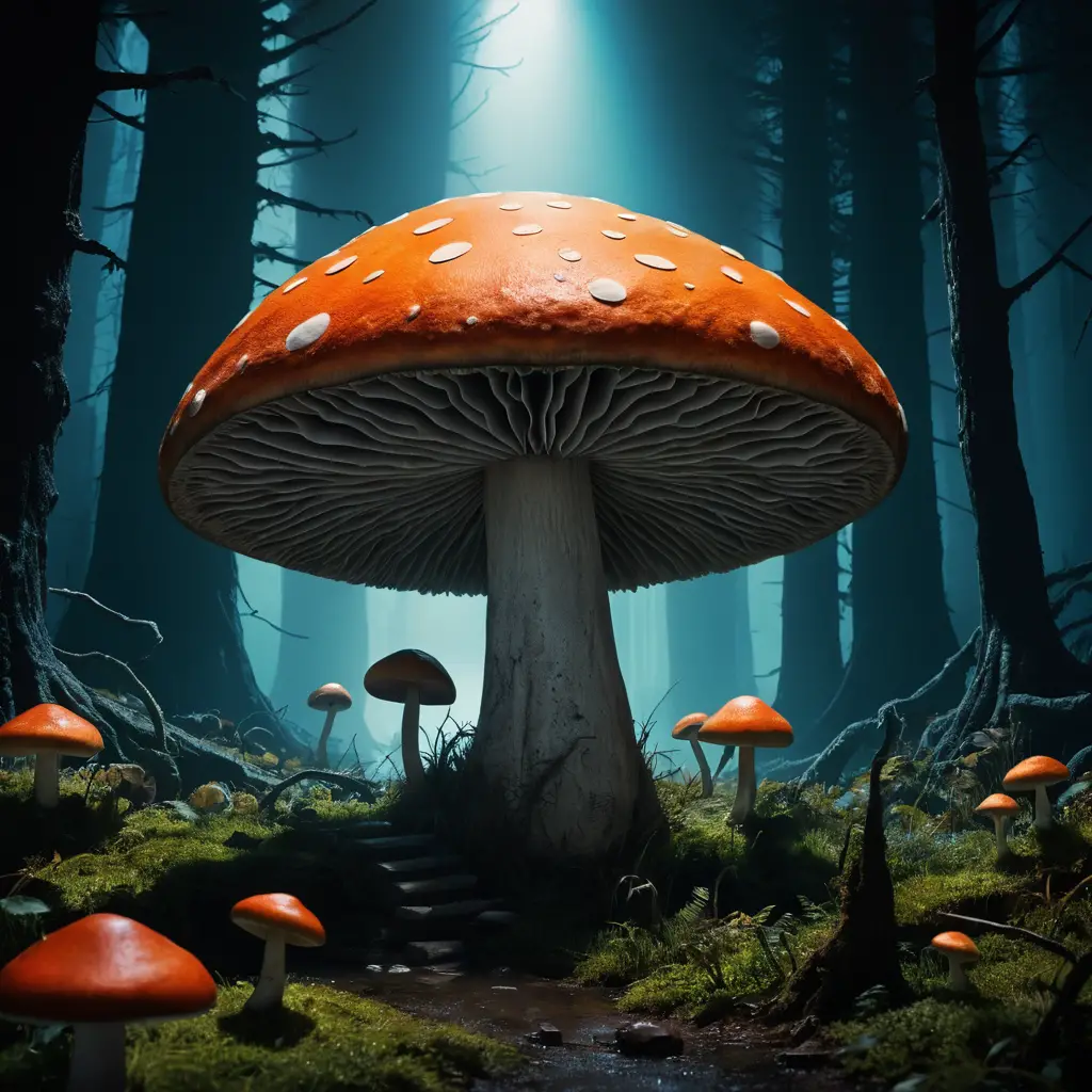 黑暗詼諧奇幻場景中的超現實蘑菇旅程