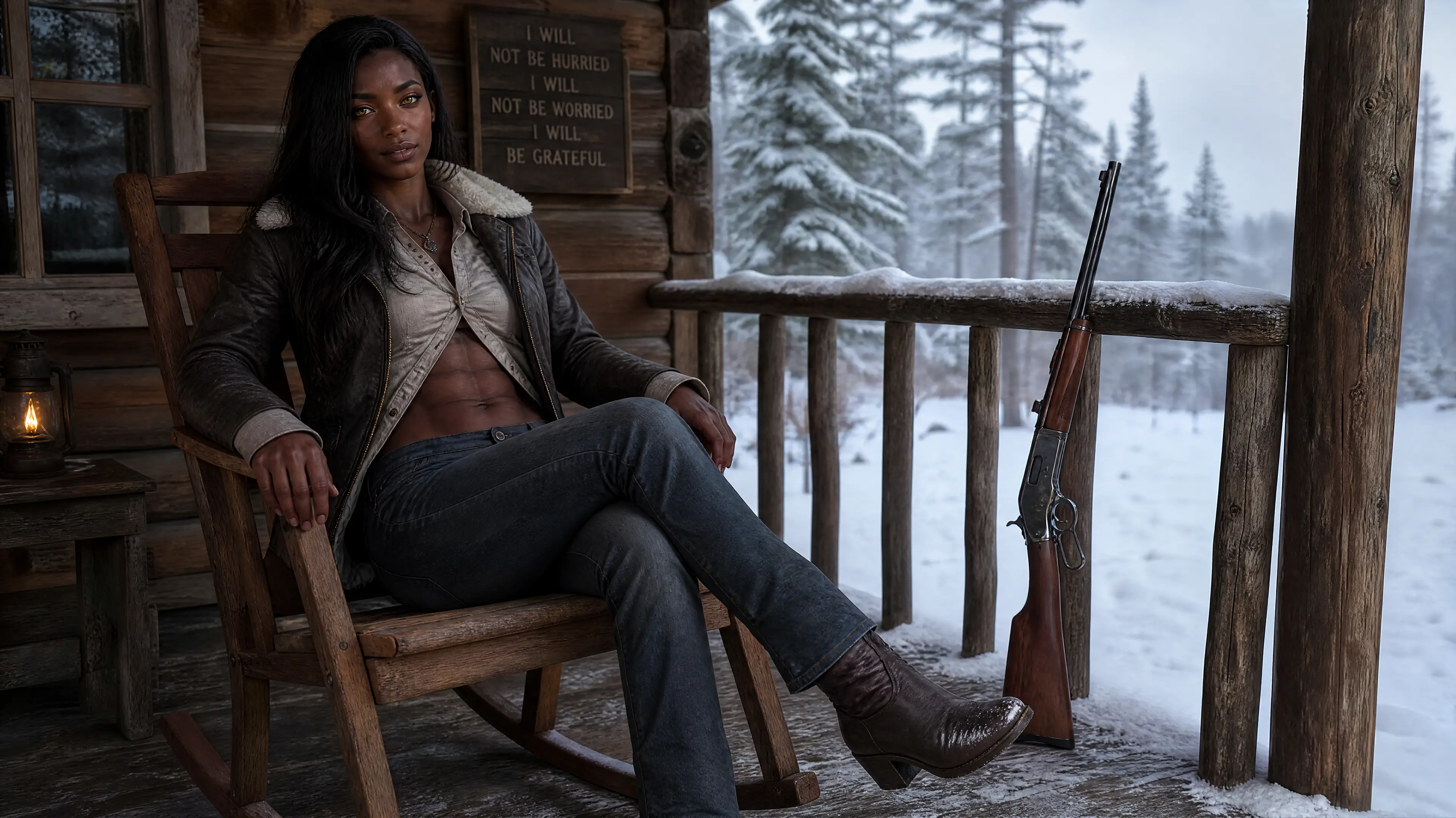Armed woman resting on a cabin porch in winter forest