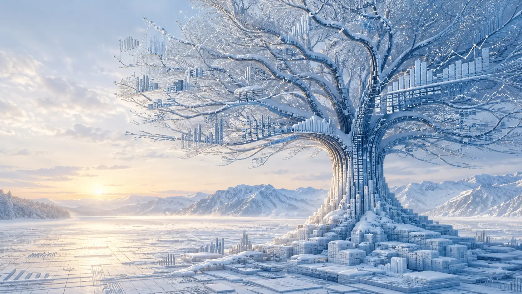 Snow covered data tree at sunrise in winter mountains