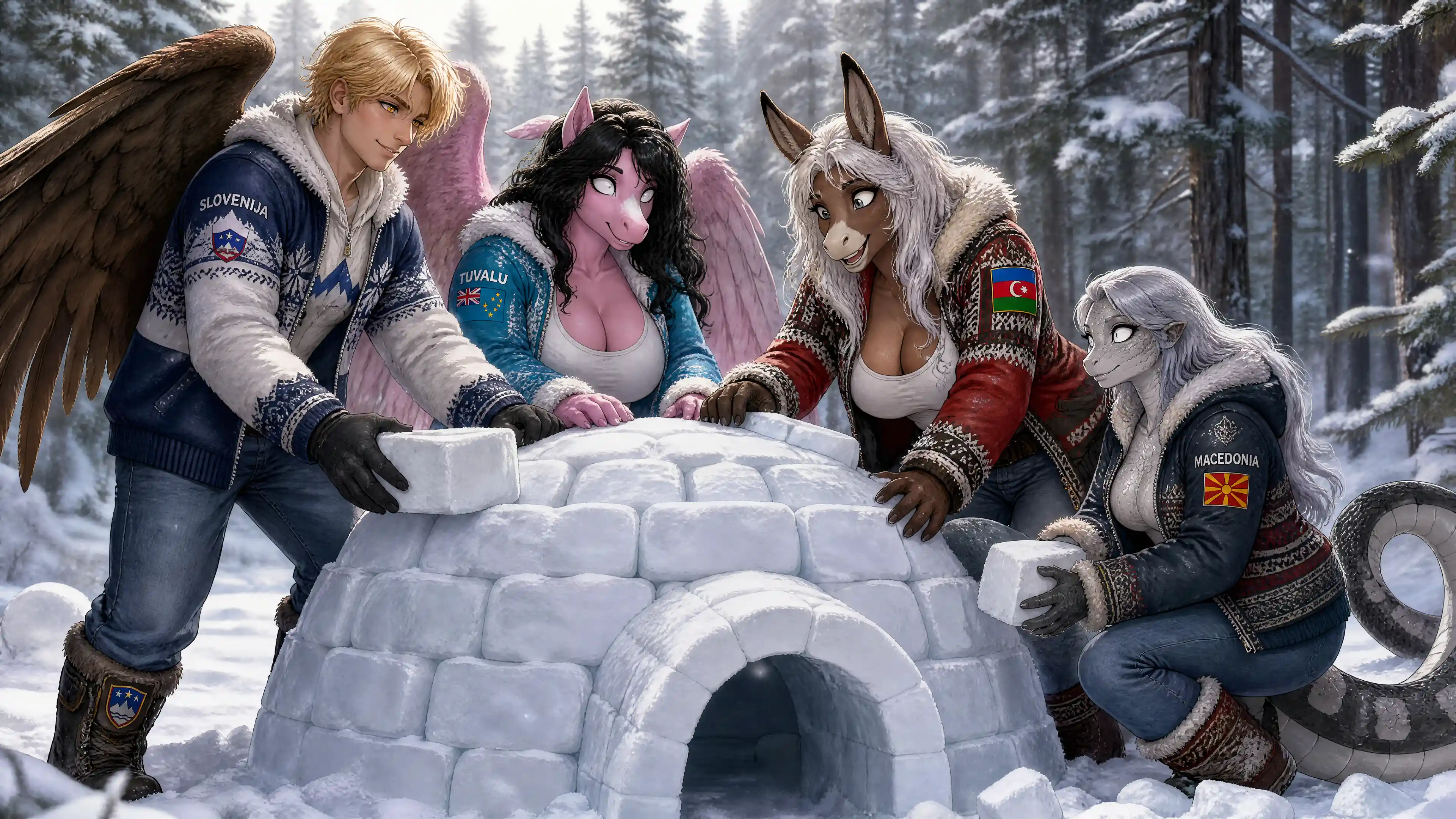Pareja anthro de invierno construyendo un iglú en un bosque nevado