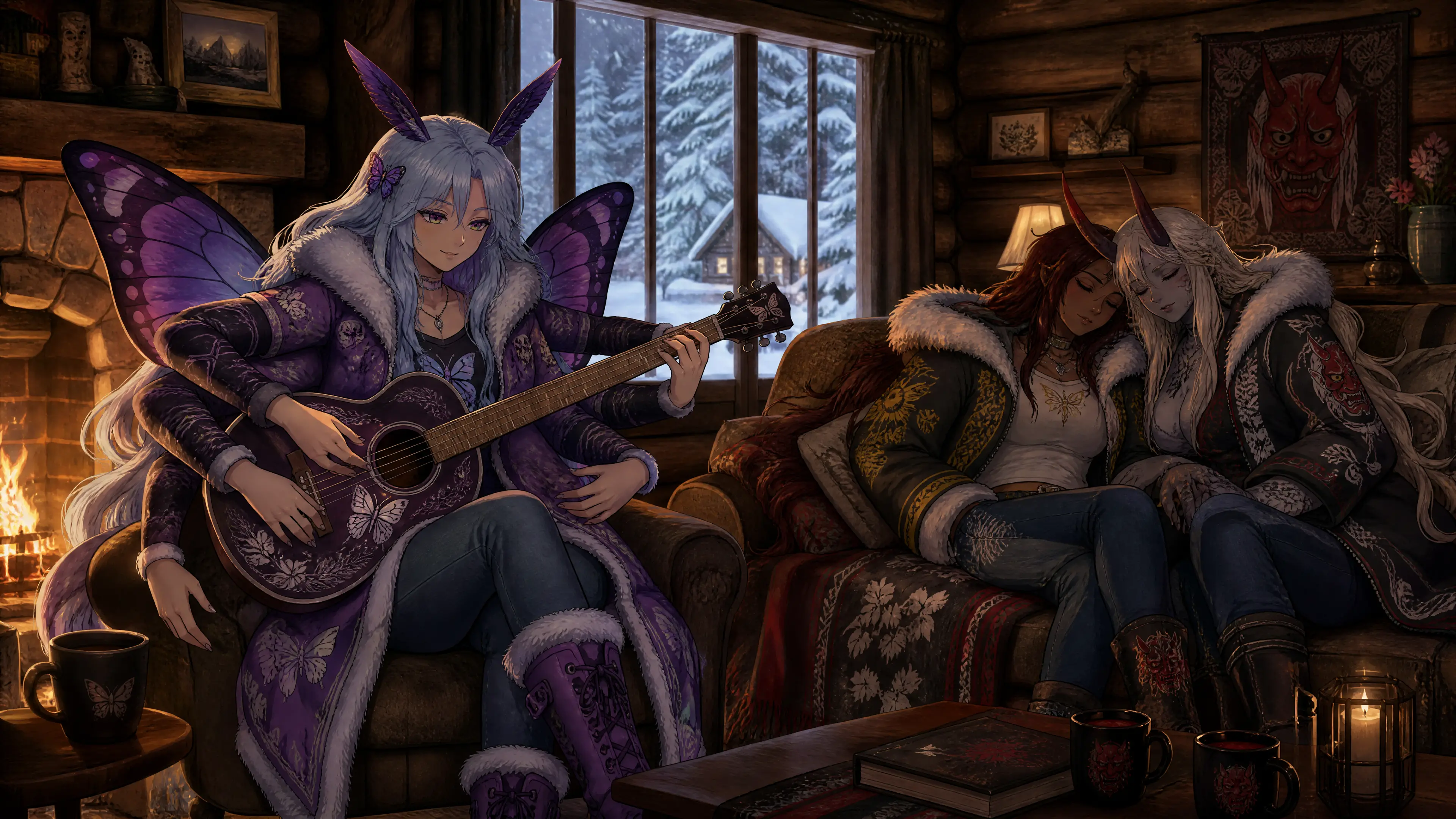 Winged fantasy woman playing guitar by cabin fireplace