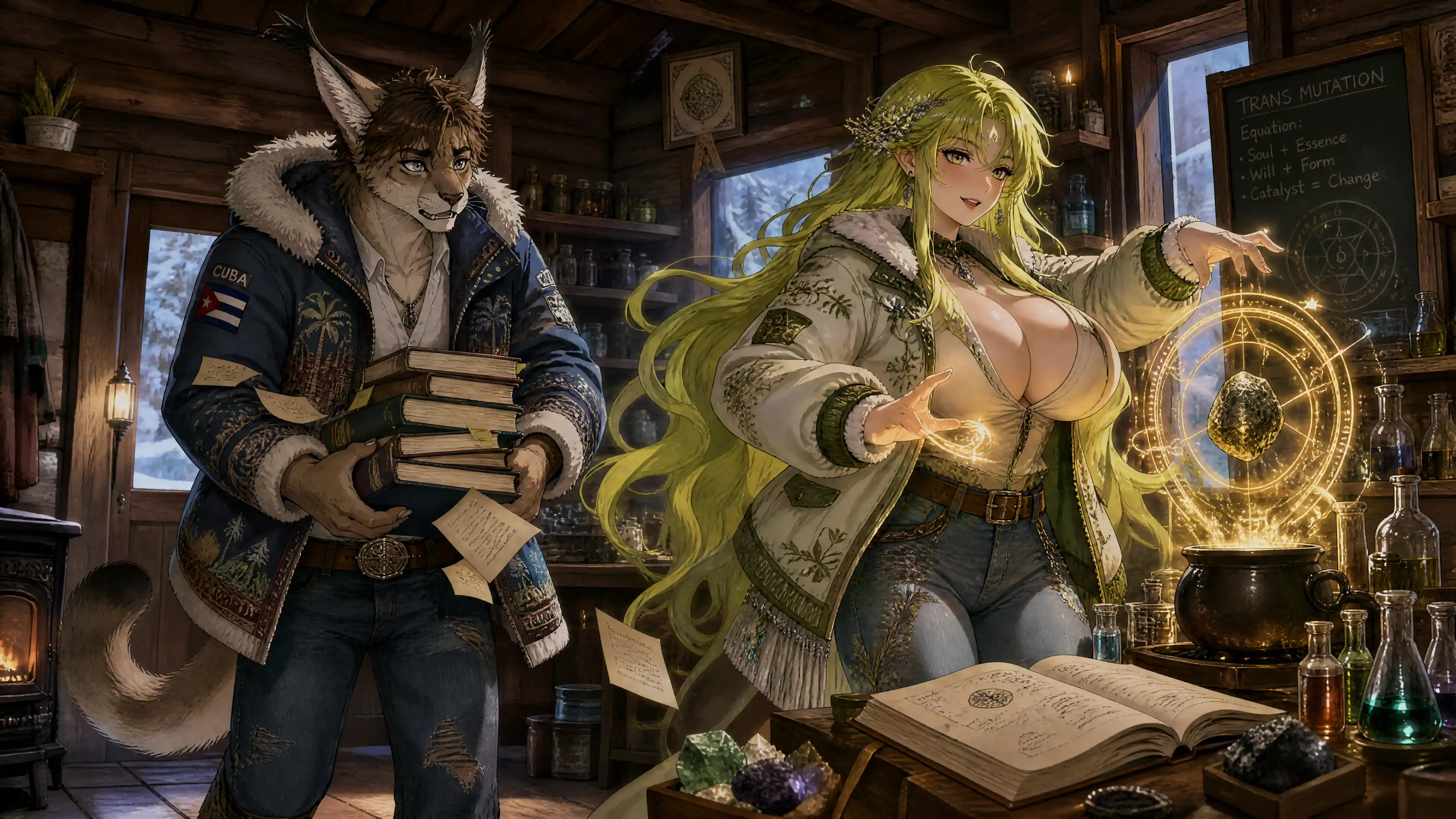 雪の山小屋で錬金術を行う擬人化カラカルとニンフ