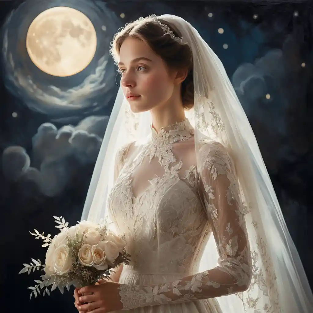Mariée éthérée, rayonnant doucement dans une aura argentée au clair de lune
