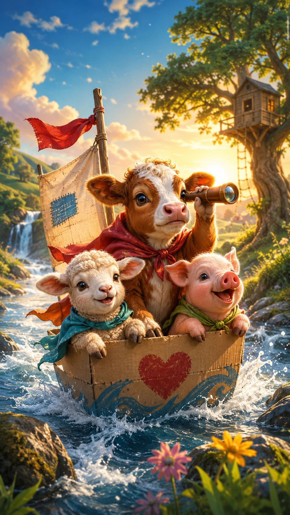 Kalb, Lamm und Ferkel auf fröhlichem sonnigen Abenteuer