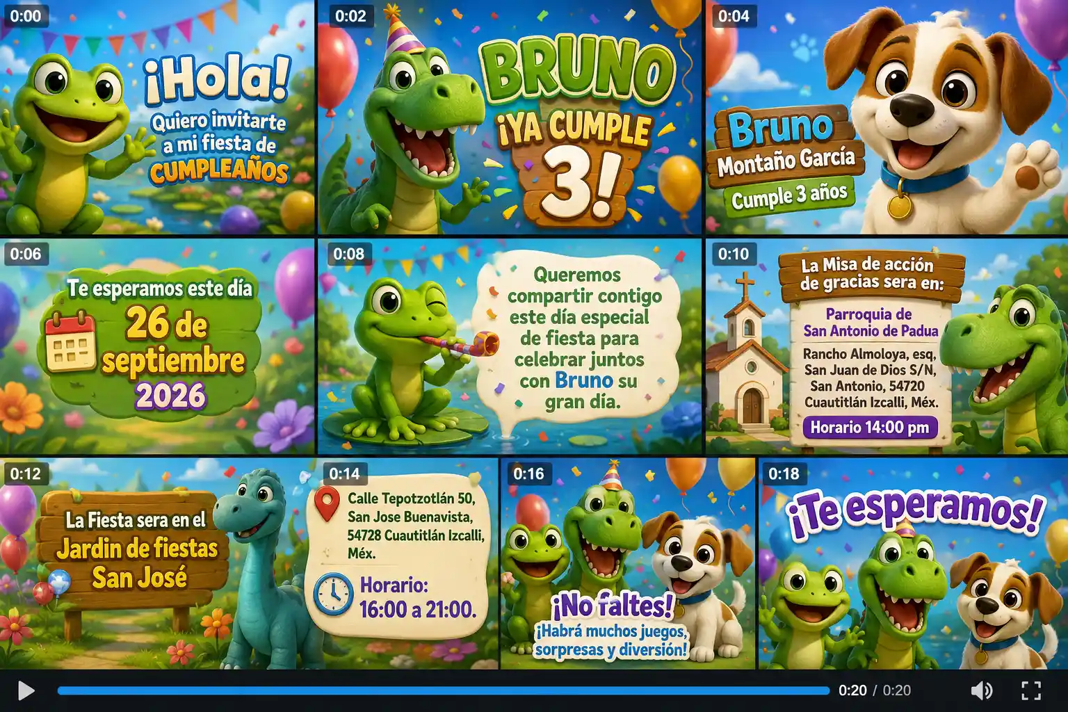 Colorato invito di compleanno per bambini con rana e dinosauri
