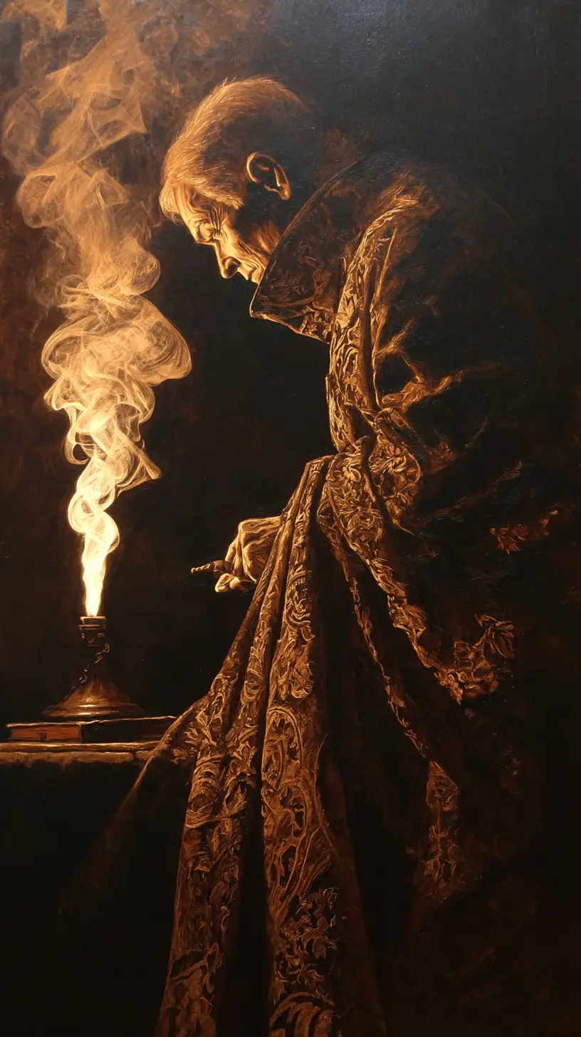 Baroque dark fantasy witch in candlelit gothic interior