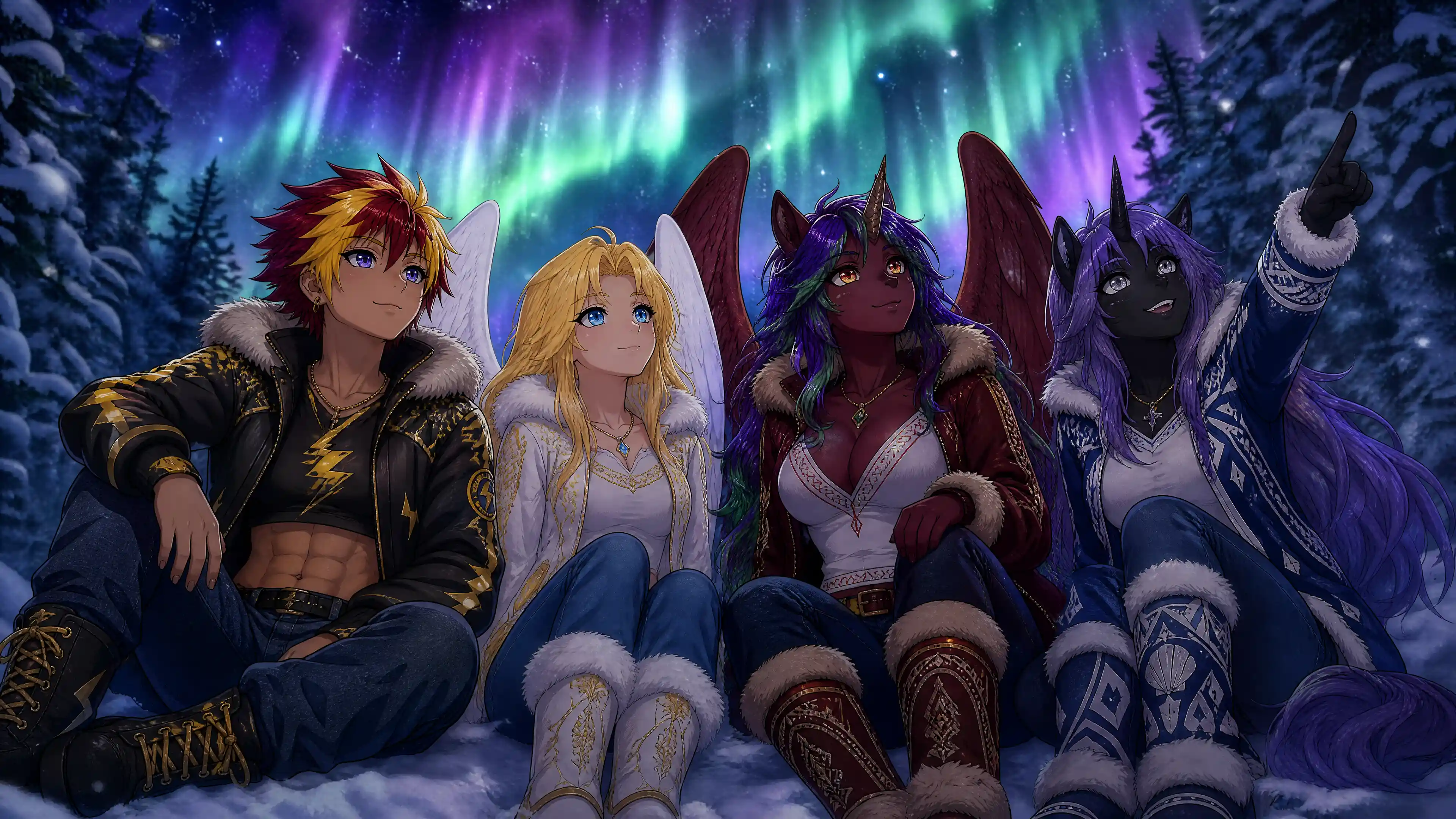 Quattro donne fantasy sedute sulla neve sotto un'aurora luminosa