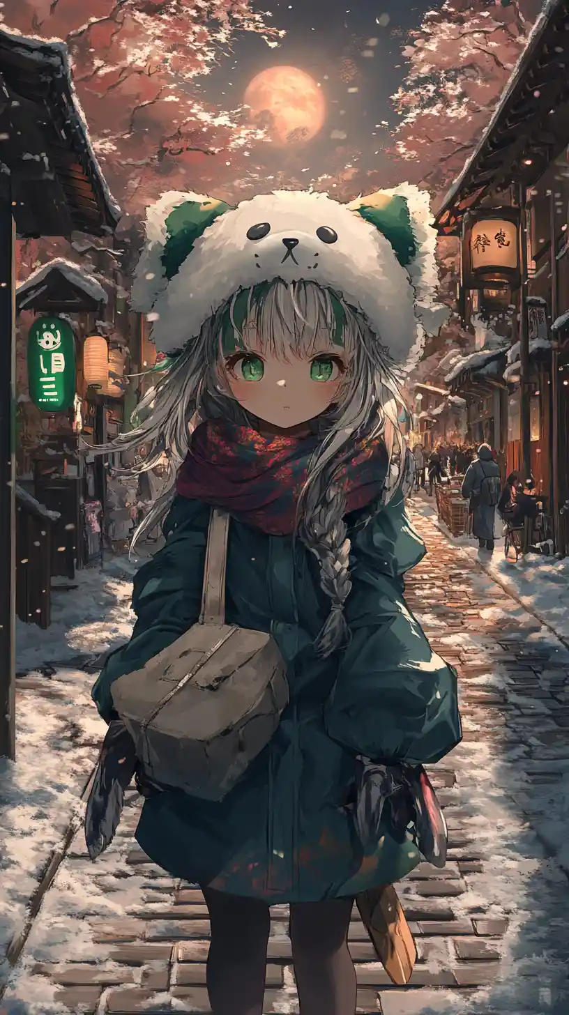 Fille d’anime aux cheveux argentés en tenue d’hiver avec écharpe rouge flottante