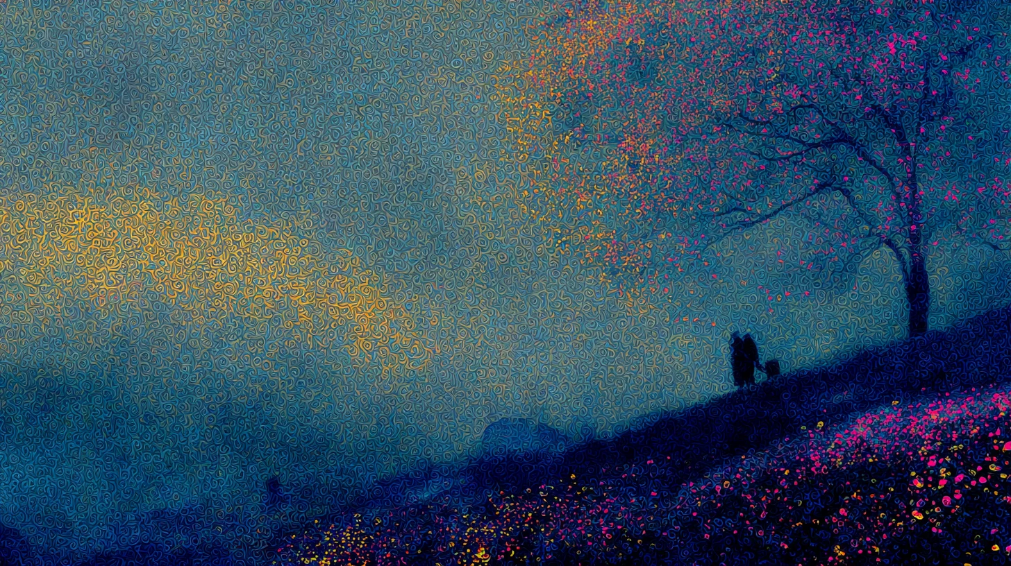 Surreal woolen tapestry heartscape in rich indigo and gold