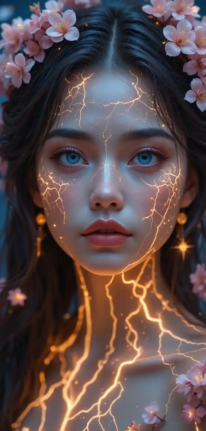 Femme céleste aux veines dorées lumineuses et fleurs de cerisier