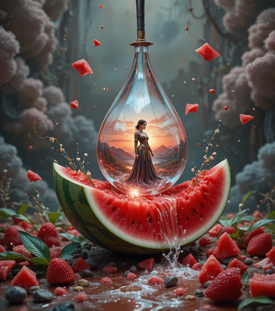Fatia Surreal de Melancia como Miniatura de Paisagem Fluida