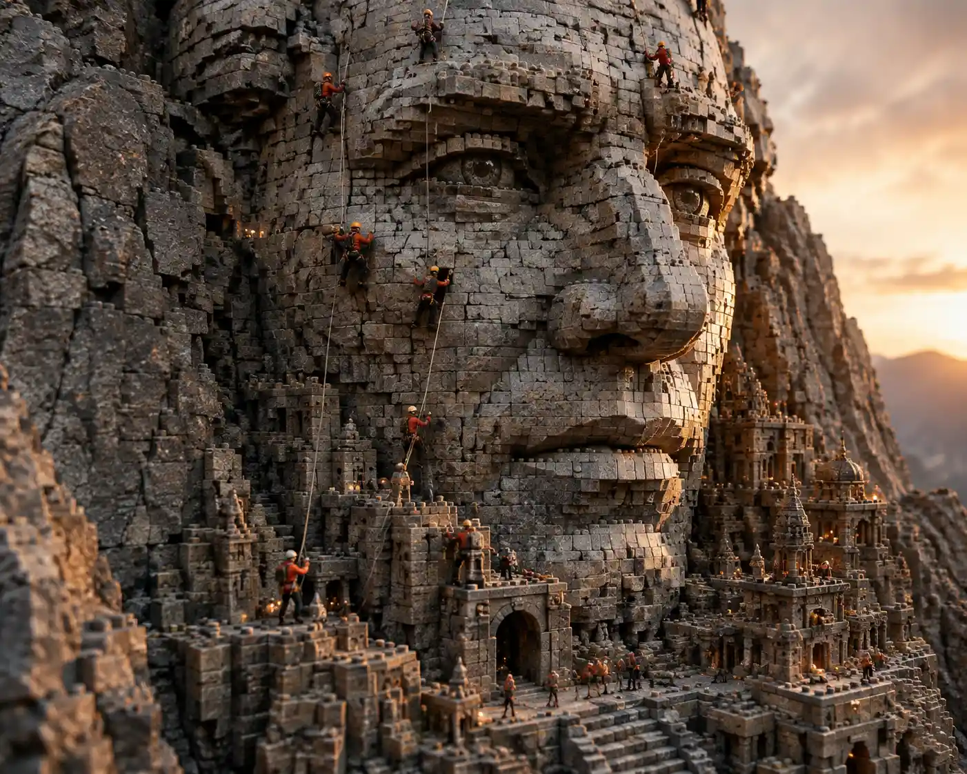Minuscules grimpeurs escaladant une colossale sculpture de visage de pierre