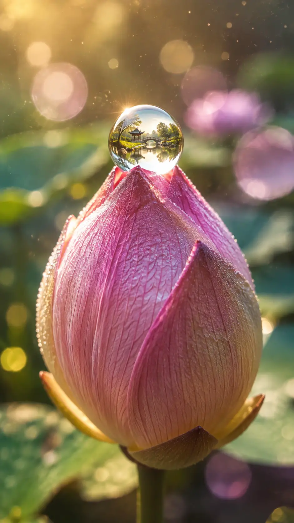 金色光芒灑落在只含一滴露珠的蓮花花苞上