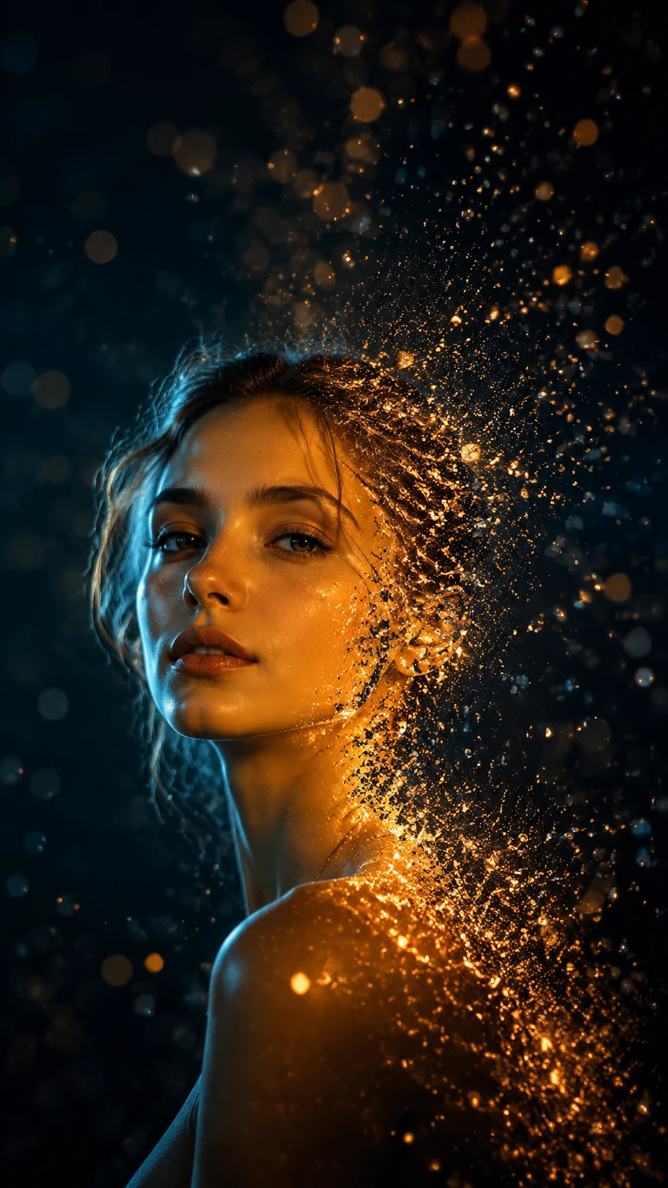 Mulher se dissolvendo em partículas brilhantes em retrato dramático