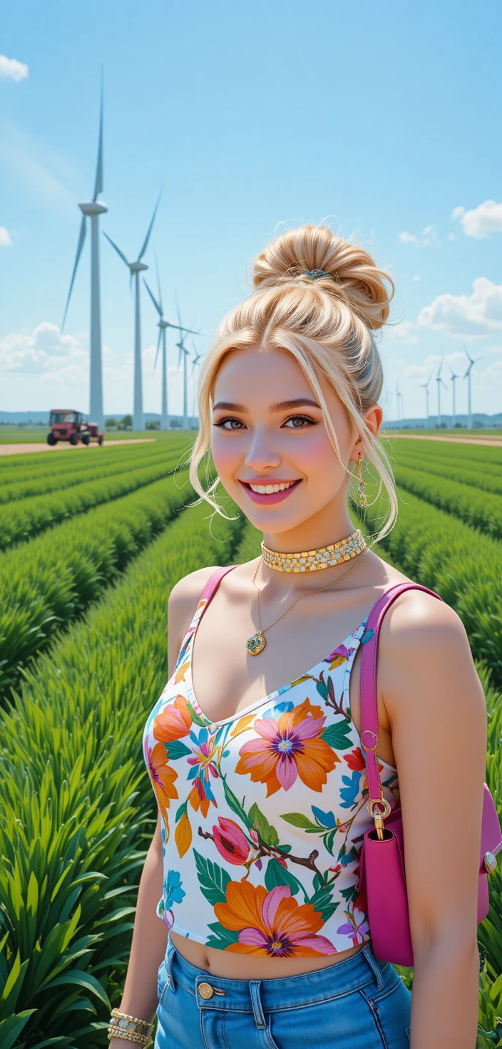 Fröhliche blonde Frau im Blumentop auf modernem Windpark