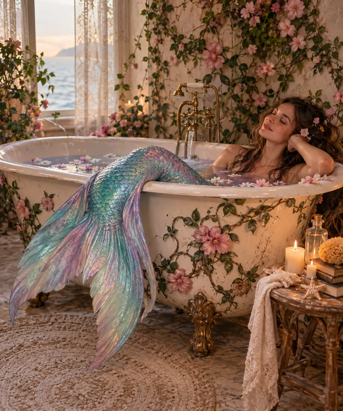 慵懶美人魚躺在花卉雕花爪足浴缸中