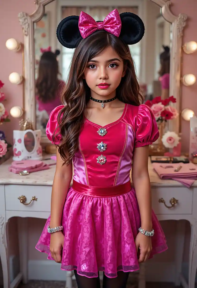 Nervous tween boy in a princess costume by a vanity