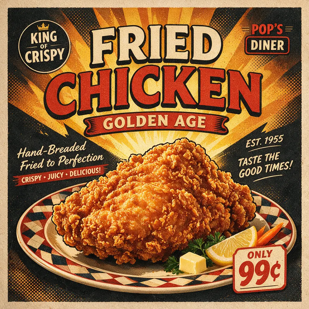 Crispy Fried Chicken On Retro Pop Art Diner Poster