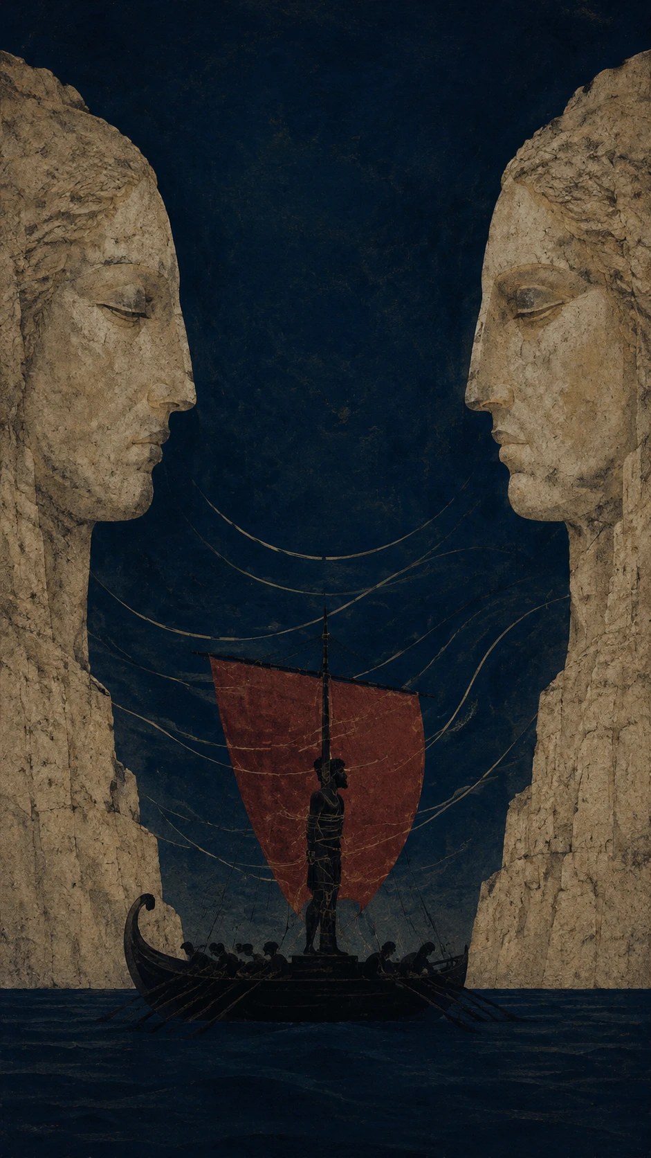 Odysseus Bound To A Ship Mast Between Colossal Stone Faces