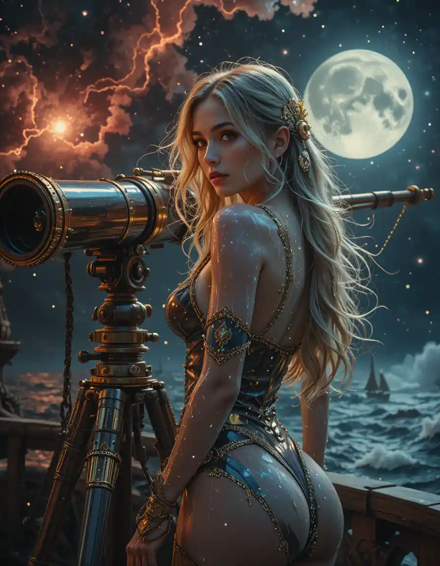 Guerrera rubia en un barco pirata tormentoso de noche