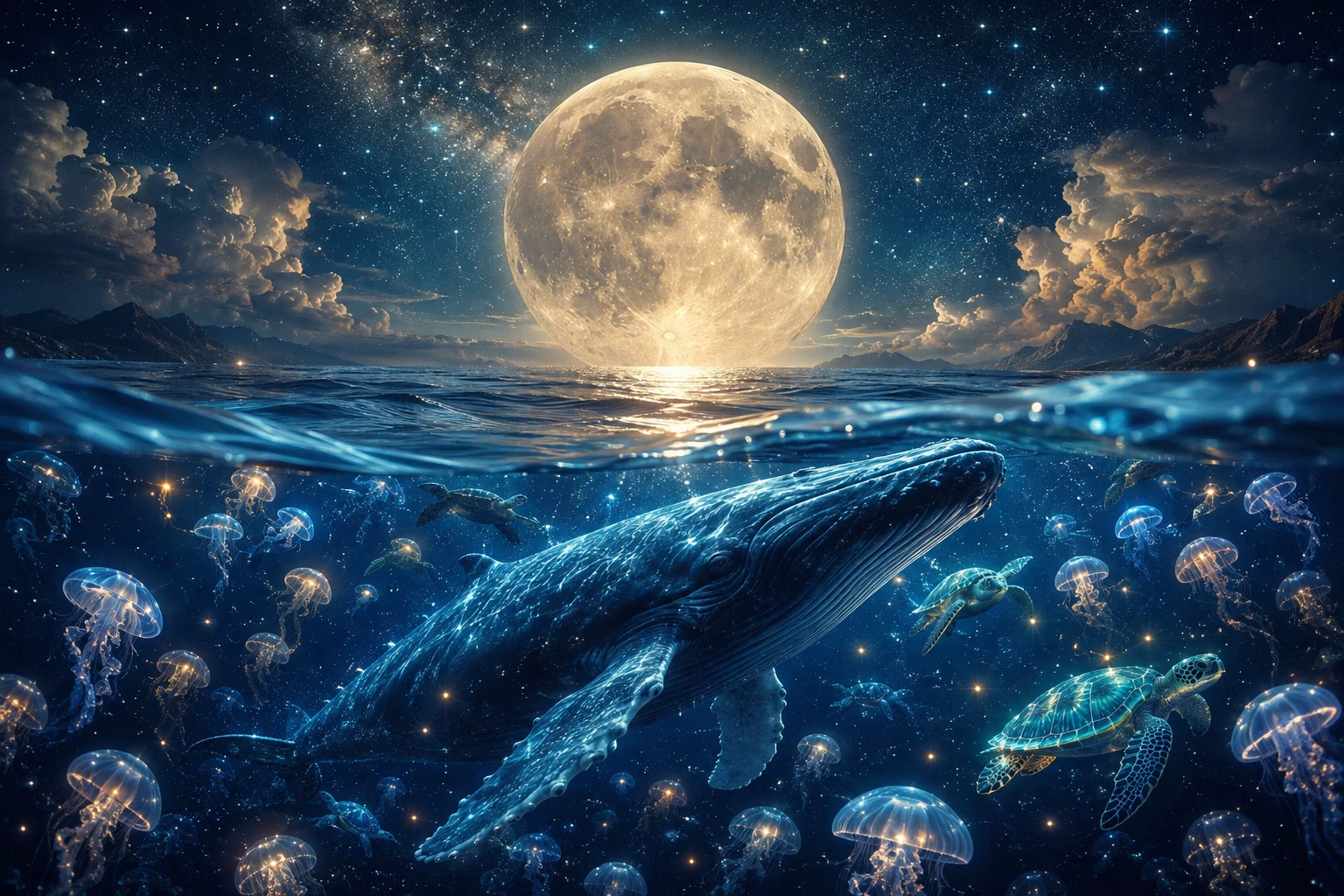 Superlua dos sonhos em fusão com tranquila vida submarina