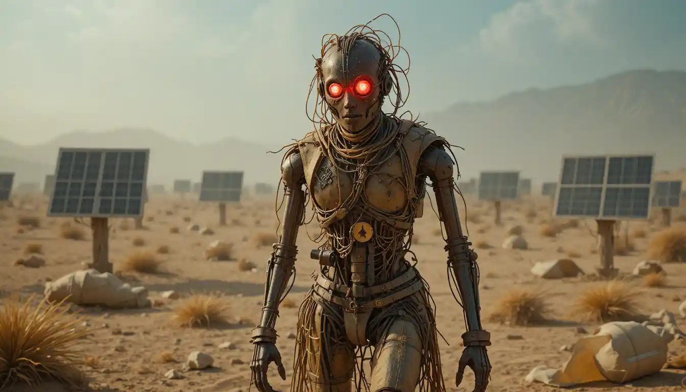Mechanical scrap scarecrow in a desolate solar panel desert