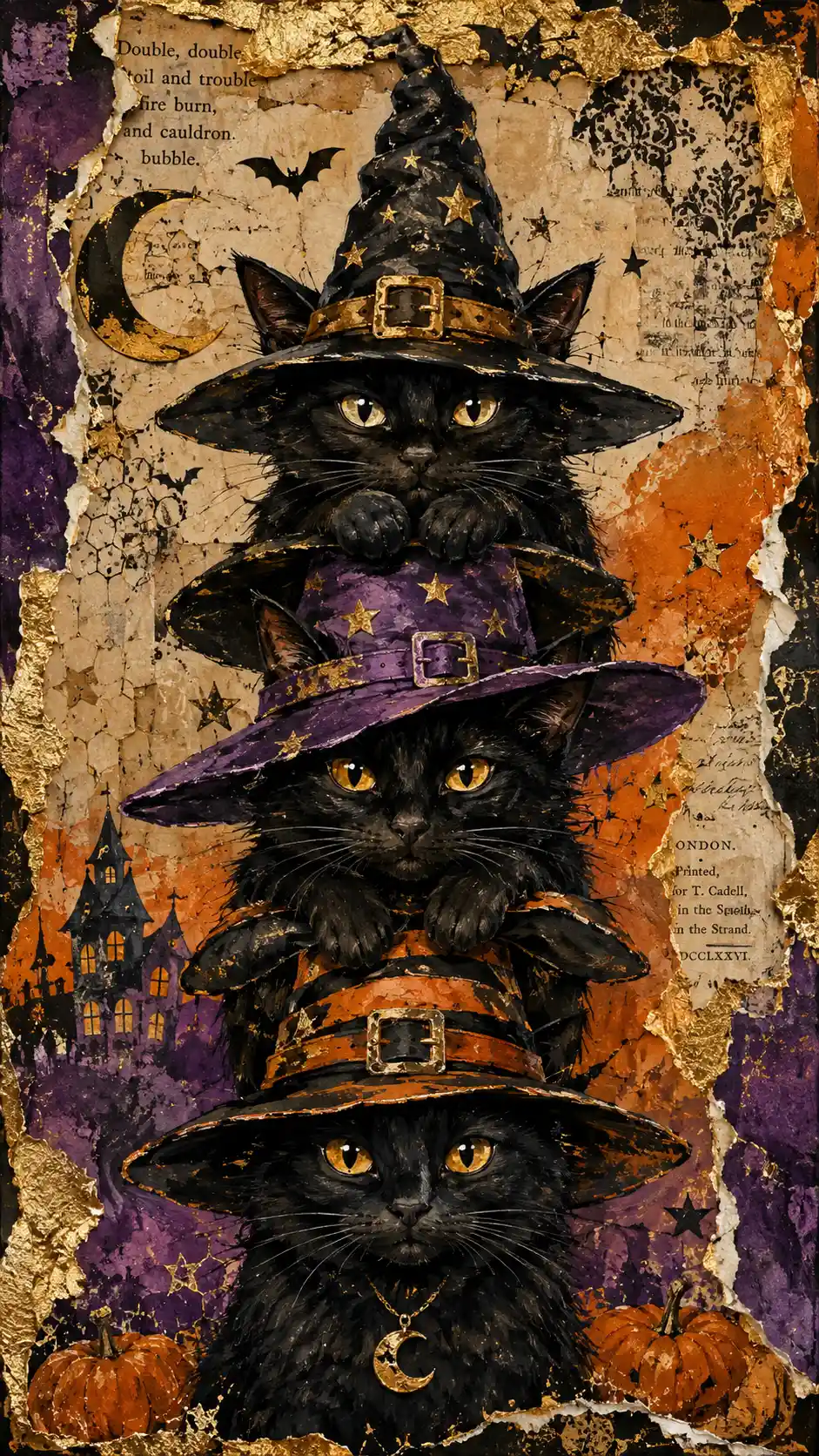 Gatos bruja apilados en collage de Halloween acuarela y colorido