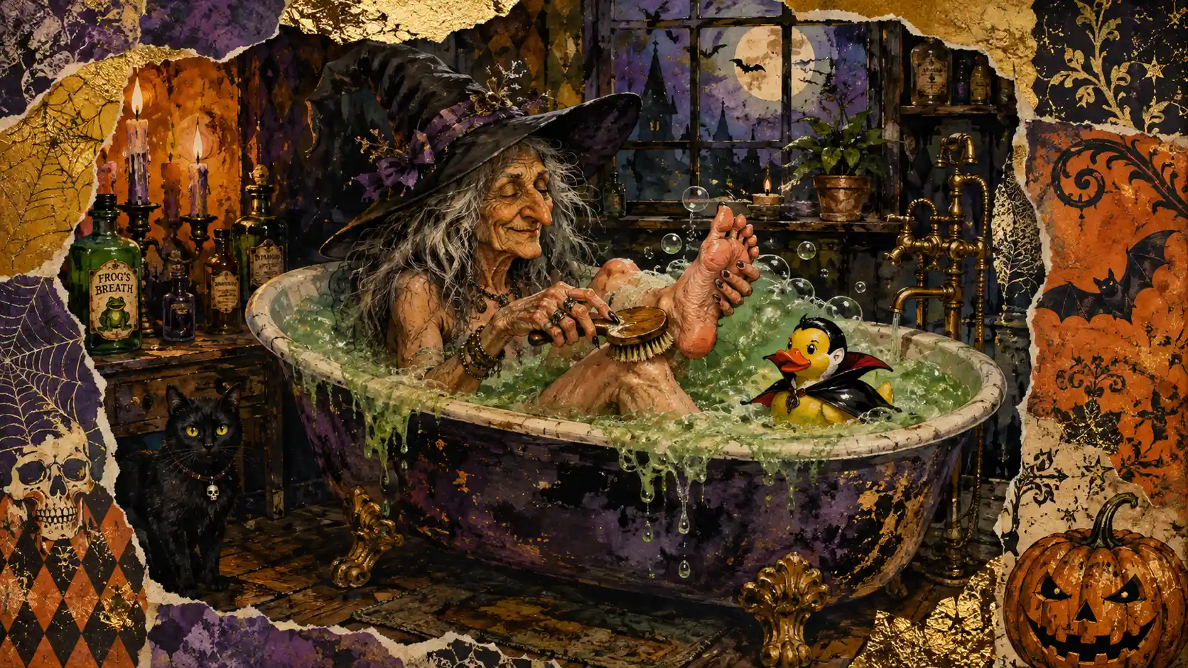 Alte Hexe badet zuhause in einer Wanne voller grüner Schaums