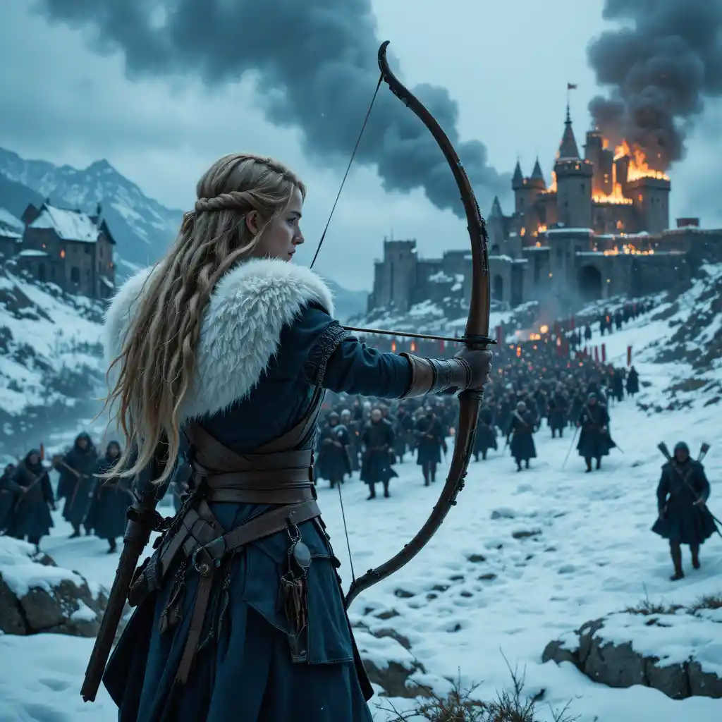 Female archer aiming her bow on a snowy battlefield