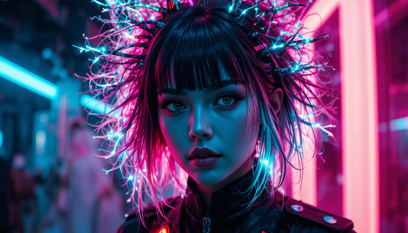 Retrato de oficial cyberpunk com penteado neon caótico e danificado