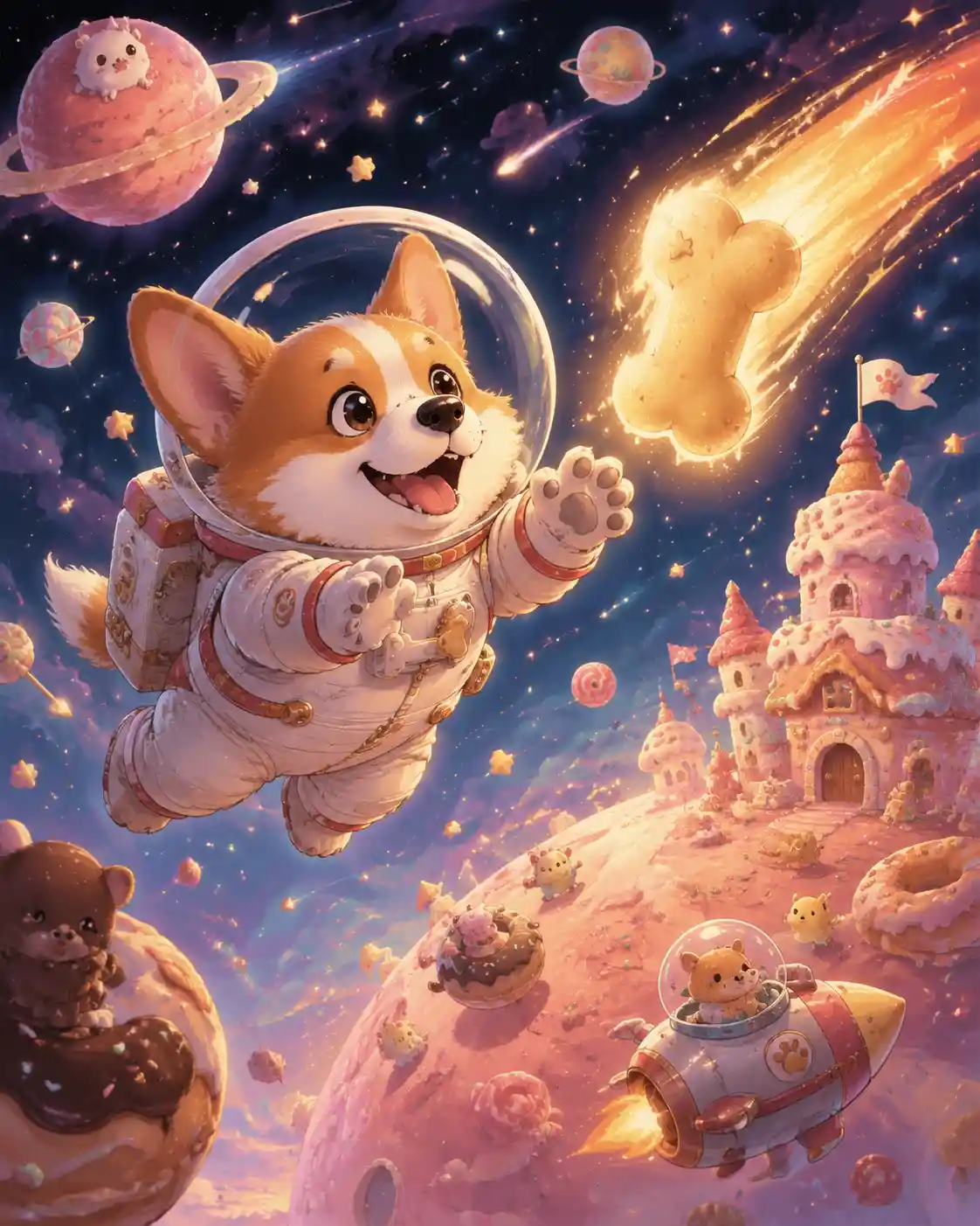 Cucciolo di corgi astronauta che insegue una cometa a forma di osso nello spazio