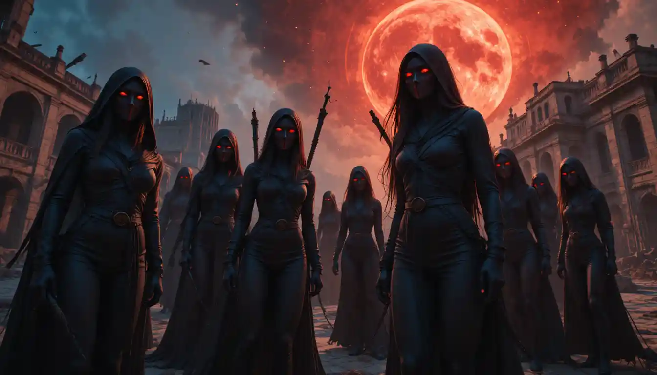 Masked women of the shadow republic around a campfire