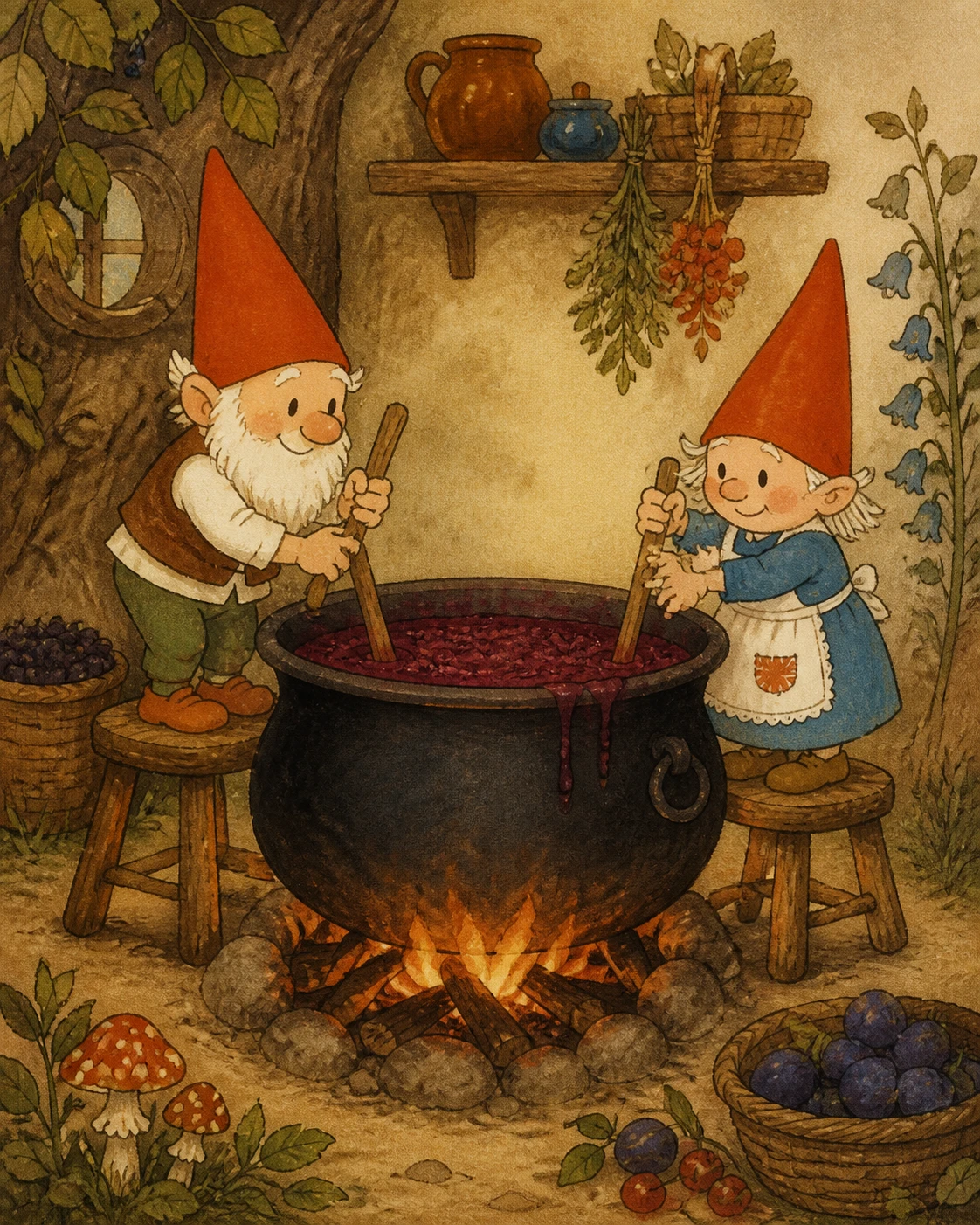Deux personnages de dessin animé cuisinant de la confiture dans un gigantesque chaudron