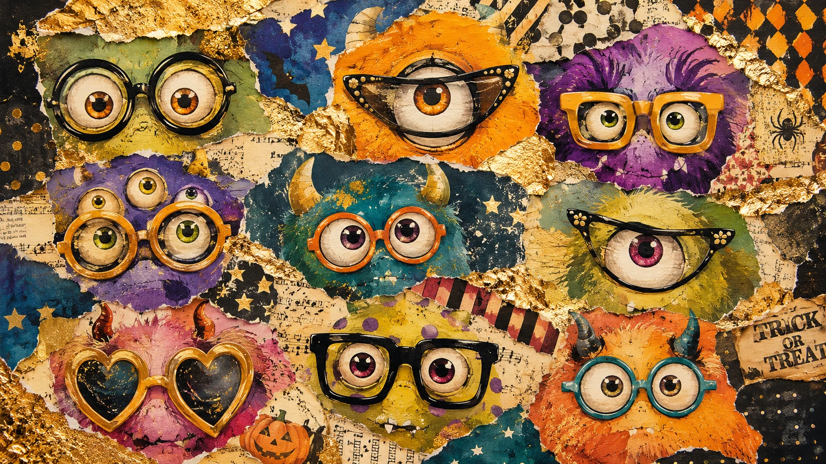 Occhi di mostro colorati con occhiali stravaganti in arte collage