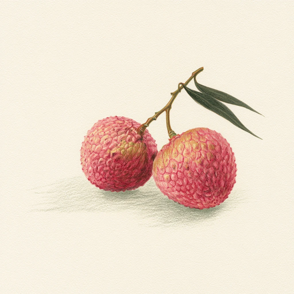 Botanische Farbstiftstudie von zwei reifen Litschis